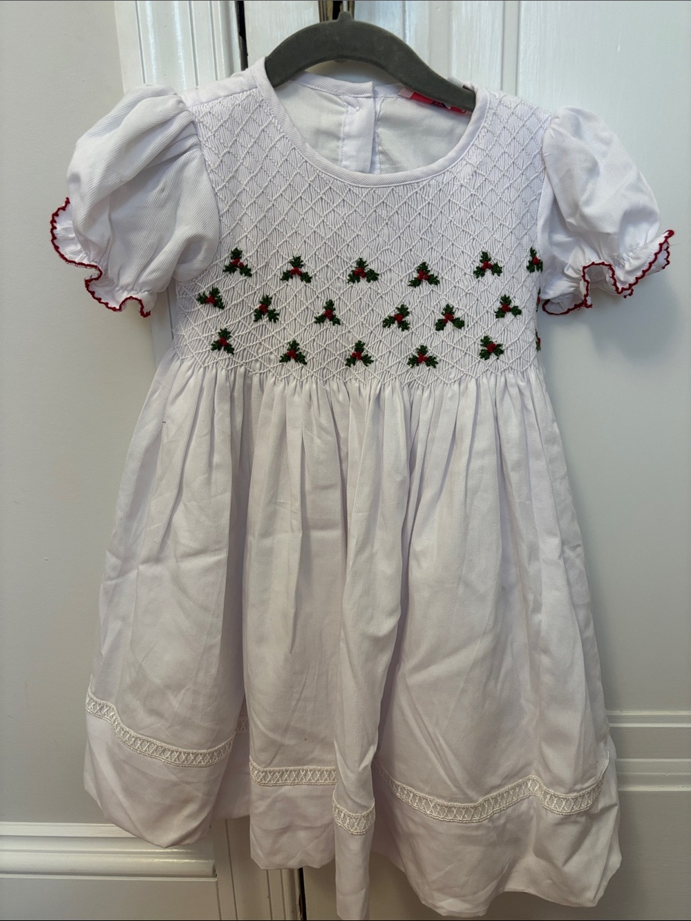 White Smocked Holiday Dress with Red Trim for Girls